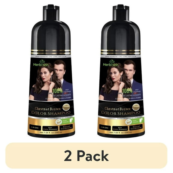 (2 pack) Herbishh Chestnut Brown Shampoo, Hair Dye Shampoo 3 in 1, 100% Grey Coverage, Demi-Permanent Hair Color for Men & Women, With Eyelash Enhancing Serum Combo