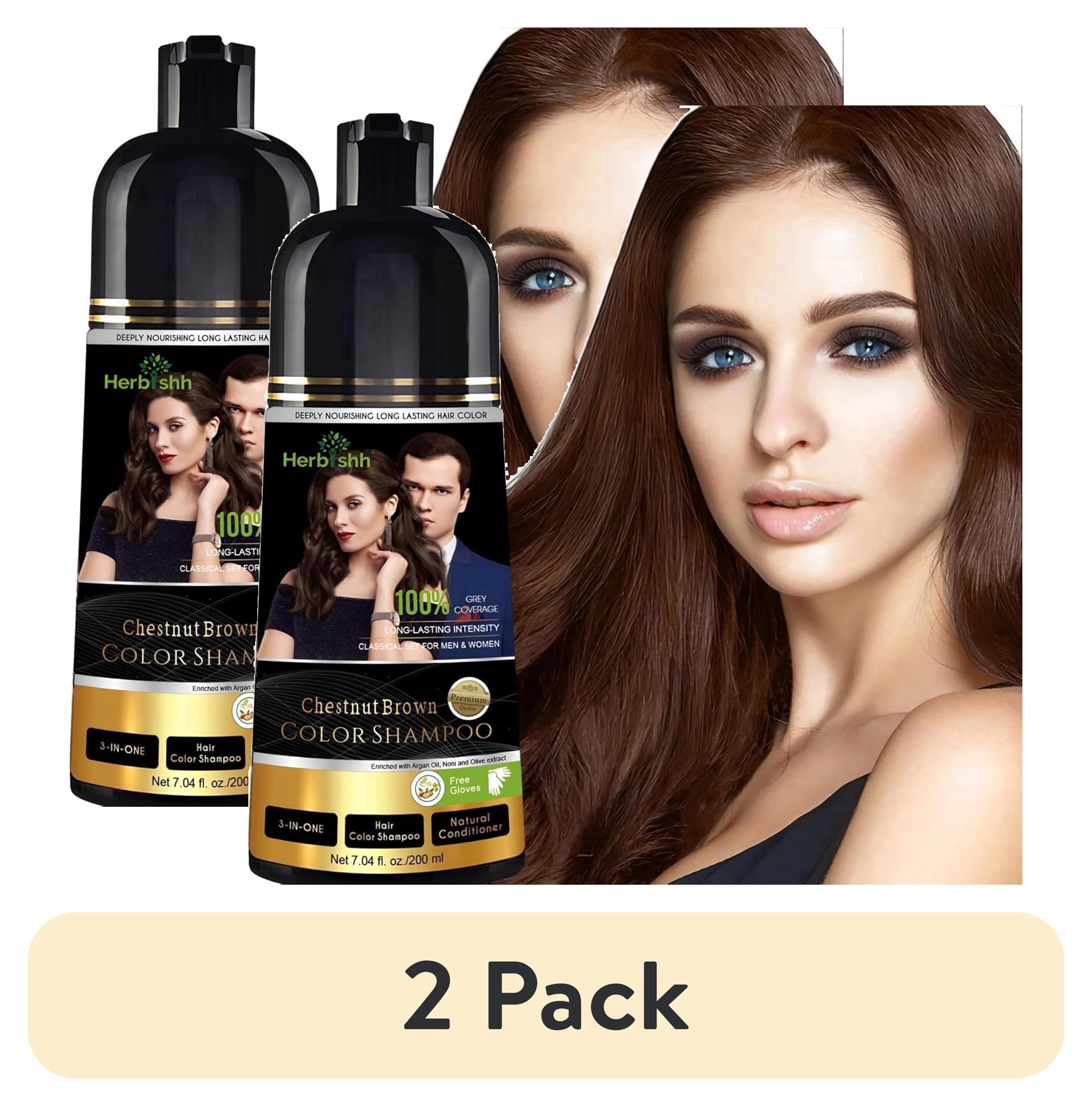 (2 pack) Herbishh Chestnut Brown Shampoo, Hair Dye Shampoo 3 in 1, 100% Grey Coverage, Demi-Permanent Hair Color for Men & Women, Long-lasting Color in 20-25 Mins, Ammonia-free, 200 ml