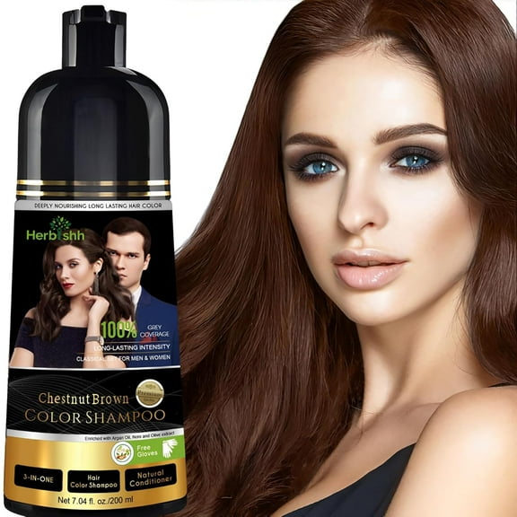 (2 pack) Herbishh Chestnut Brown Shampoo, Hair Dye Shampoo 3 in 1, 100% Grey Coverage, Demi-Permanent Hair Color for Men & Women, Long-lasting Color in 20-25 Mins, Ammonia-free, 200 ml