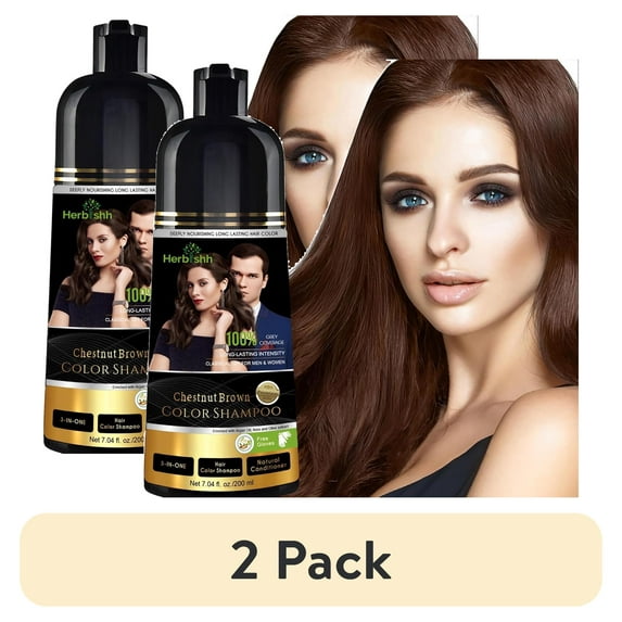 (2 pack) Herbishh Chestnut Brown Shampoo, Hair Dye Shampoo 3 in 1, 100% Grey Coverage, Demi-Permanent Hair Color for Men & Women, Long-lasting Color in 20-25 Mins, Ammonia-free, 200 ml