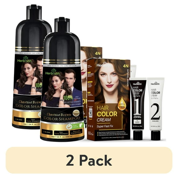 (2 pack) Herbishh Chestnut Brown Shampoo, Hair Dye Shampoo 3 in 1, 100% Grey Coverage, Demi-Permanent Hair Color for Men & Women, With Rapid Infusion Cream Combo