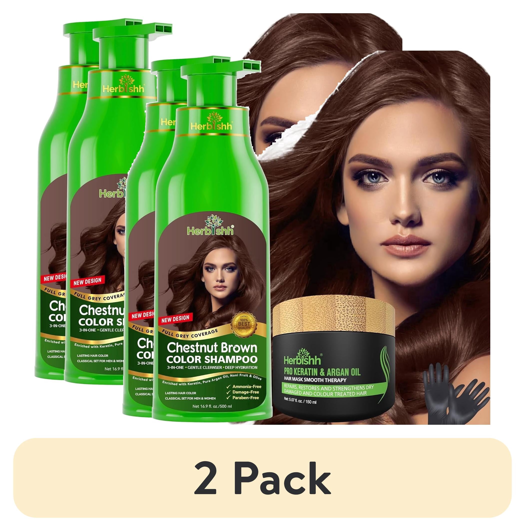 (2 pack) Herbishh Ultimate Hair Color Kit (2 Shampoos + 1 Argan Mask) for Grey Hair - Permanent, Long-Lasting, Easy to Apply for Men and Women (Chestnut Brown)