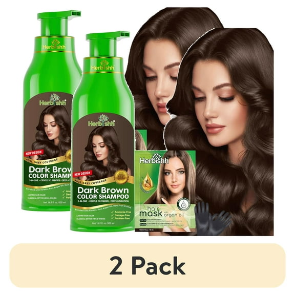(2 pack) Herbishh Dark Brown Color Shampoo for Gray Hair, Permanent Hair Colour, Men & Women (500 ml)