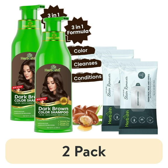 (2 pack) Herbishh Hair Color Shampoo for Gray Hair with 2 Stain Pouch Remover– Natural Hair Dye Shampoo – Colors Hair in Minutes – Long Lasting–500 Ml – 3-In-1 Hair Color – Ammonia-Free (Dark Brown)
