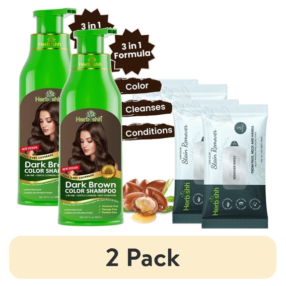 (2 pack) Herbishh Hair Color Shampoo for Gray Hair with 2 Stain Pouch Remover– Natural Hair Dye Shampoo – Colors Hair in Minutes – Long Lasting–500 Ml – 3-In-1 Hair Color – Ammonia-Free (Dark Brown)