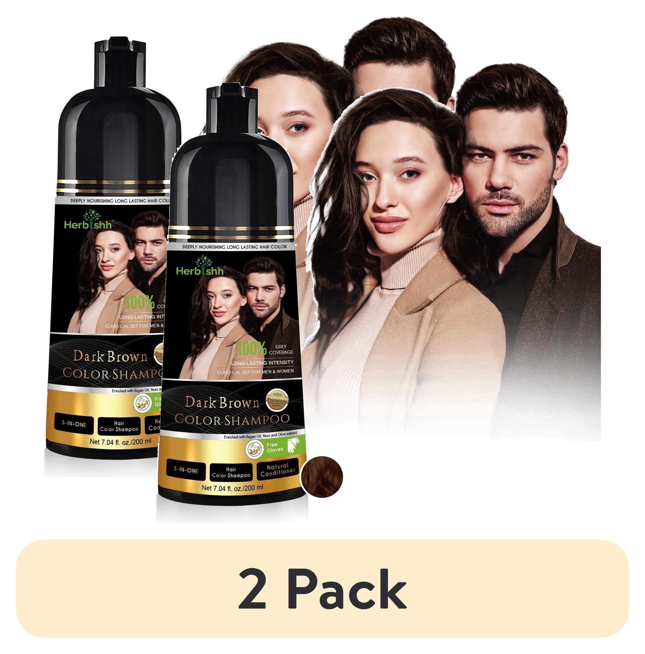 (2 pack) Herbishh Dark Brown Hair Color Shampoo for Gray Hair, Hair Dye Shampoo 3 in 1, 100% Gray Coverage, Permanent Hair Color for Men & Women, Ammonia-free, 200 ml
