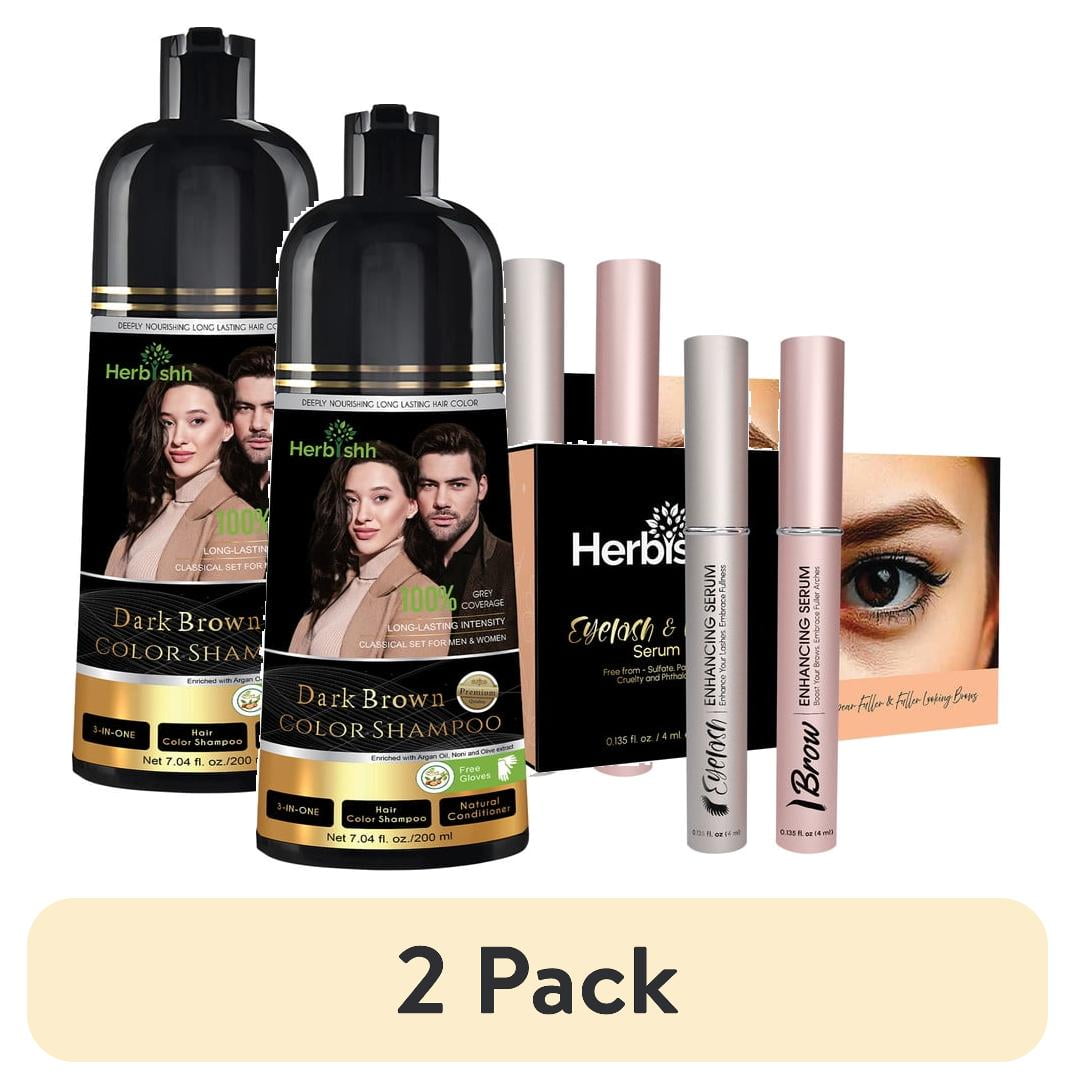 (2 pack) Herbishh Dark Brown Shampoo, Hair Dye Shampoo 3 in 1, 100% Grey Coverage, Demi-Permanent Hair Color for Men & Women, With Eyelash & Eyebrow Enhancing Serum Combo