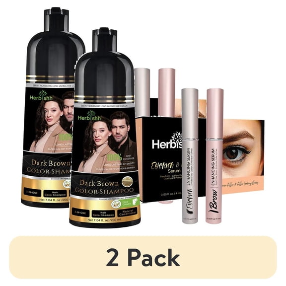 (2 pack) Herbishh Dark Brown Shampoo, Hair Dye Shampoo 3 in 1, 100% Grey Coverage, Demi-Permanent Hair Color for Men & Women, With Eyelash & Eyebrow Enhancing Serum Combo