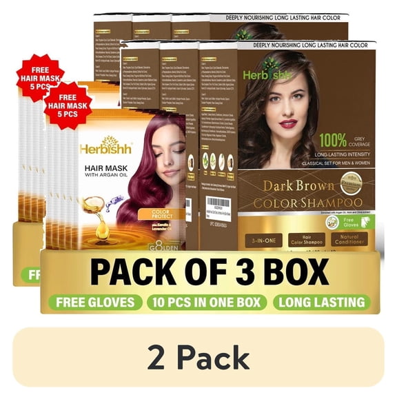 (2 pack) Herbishh Hair Color Shampoo for Grey Hair – Hair Dye Shampoo with Bio-Active Ingredients – Long Lasting Color – Travel-Friendly Pack (30 x 30ml Sachets) + 5 Pack Hair Mask Sachets (Dark Brown)