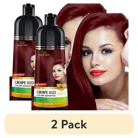(2 pack) Herbishh Hair Color Shampoo for Gray Hair, Permanent, Men & Women (Grape Red 500ml)