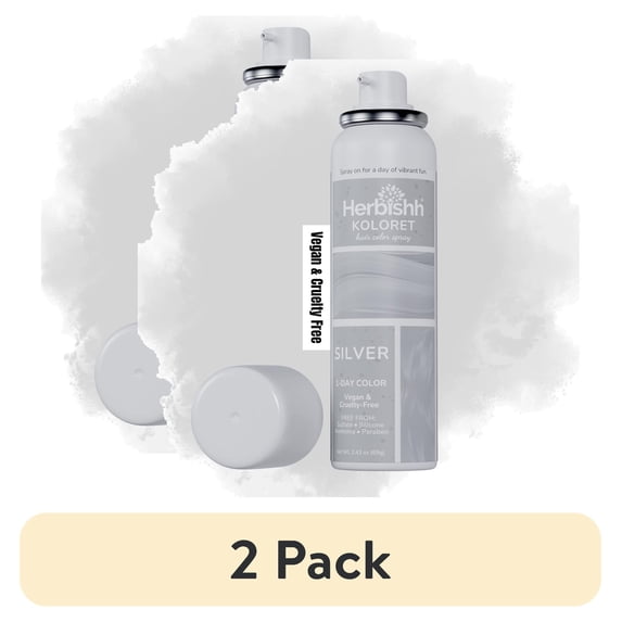 (2 pack) Herbishh Koloret Silver Temporary Hair Color Spray (69g), Washable Dye Mist for Dark Hair, Fast-Drying, Non-Sticky Green Spray for Women, Travel-Sized Root Touch Up Aerosol Mist