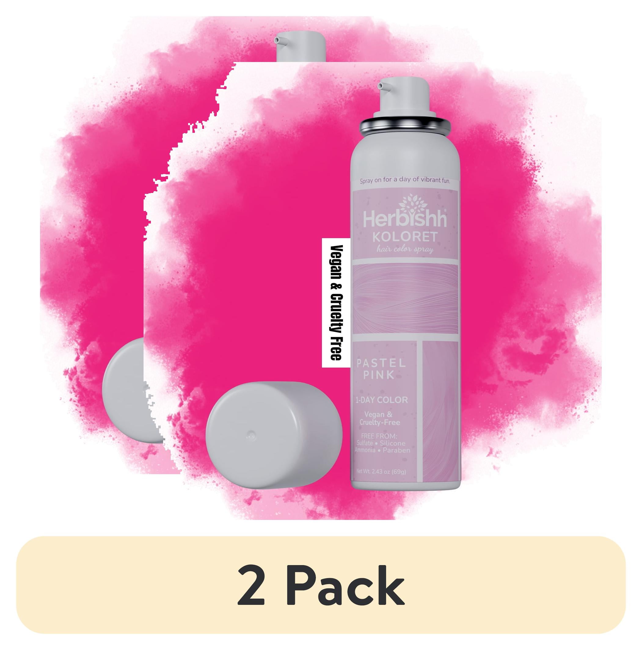 (2 pack) Herbishh Koloret Pastel Pink Hair Tint Spray (69g), Washable Temporary Color Mist for Light Hair, Quick-Dry, Non-Sticky Spray for Women, Travel-Friendly Root Touch Up