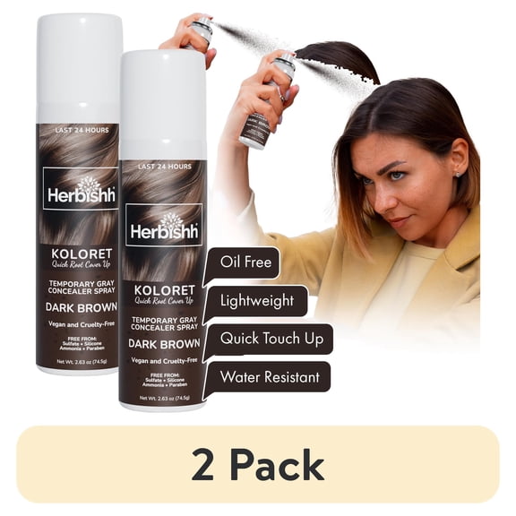 (2 pack) Herbishh Koloret Quick Root Touch Up Hair Color Spray Dark Brown (74.5g), Instant Gray & Dark Brown Root Cover Up, Temporary Hair Color Spray, Lightweight Non-Sticky Dye Mist, Travel Aerosol