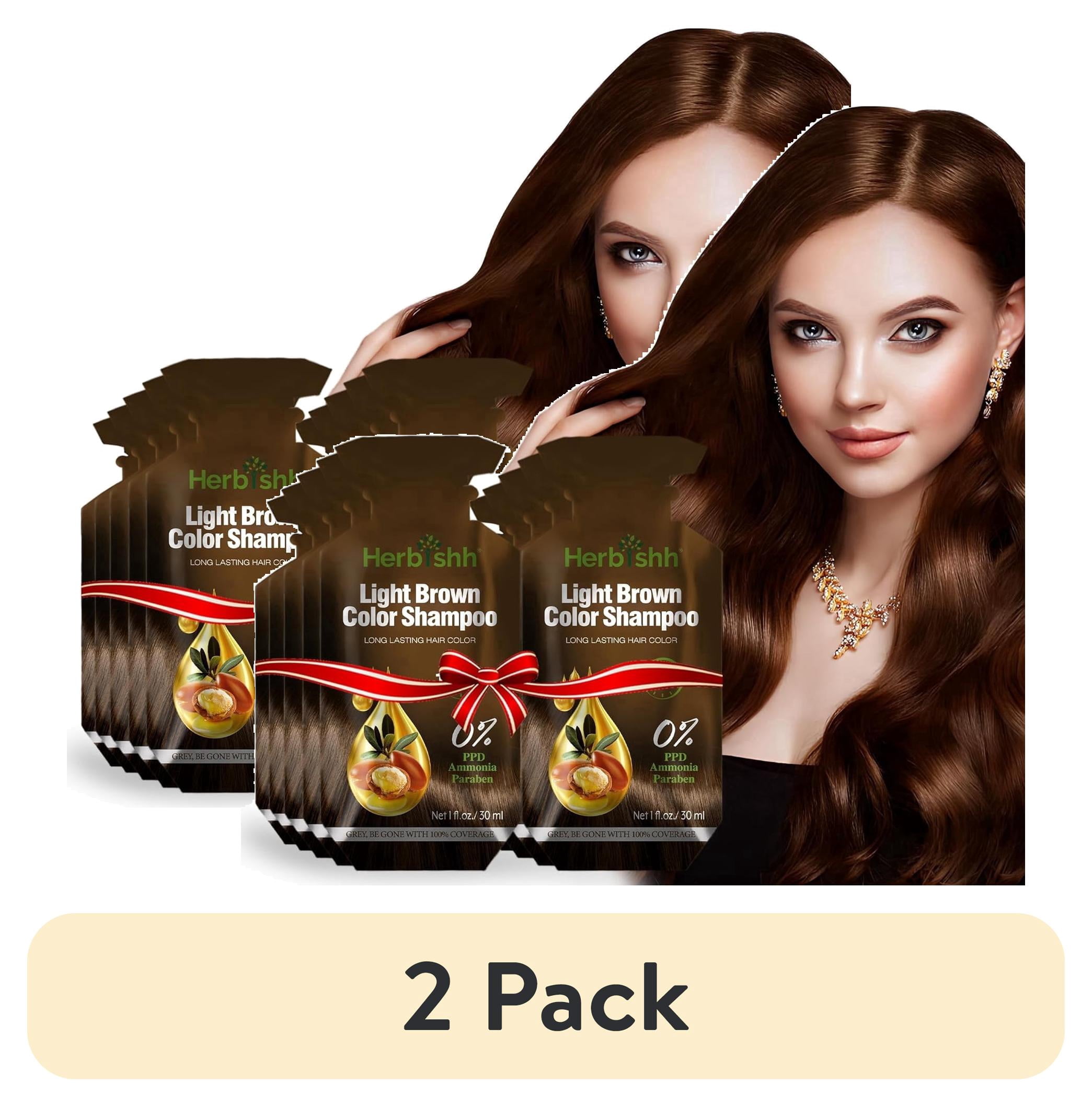 (2 pack) Herbishh Hair Color Shampoo 10 Sachet +1 Argan Hair Mask Pouch | 3 in 1 Hair Dye | PPD Free | Easy to Use | Gray Coverage | Travel Size | Available in 6 Colors | (Light Brown)