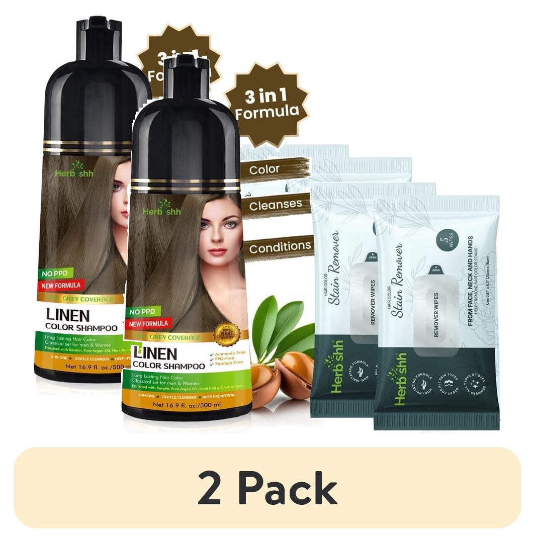 (2 pack) Herbishh Linen Hair Color Shampoo for Gray Hair with Pack 2 Hair colour stain remover, Hair Dye Shampoo 3 in 1, 100% Gray Coverage, Permanent Hair Color for Men & Women, Ammonia-free, 500 ml