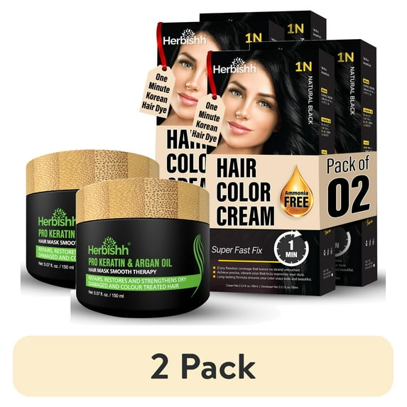 (2 pack) Herbishh Rapid Infusion Hair Color Cream – 1N Natural Black Hair Dye Permanent One Minute with Comb Applicator, Hair Color for Gray Hair Coverage, Ammonia-Free, Patented Korean Technology, 2.03 fl. O