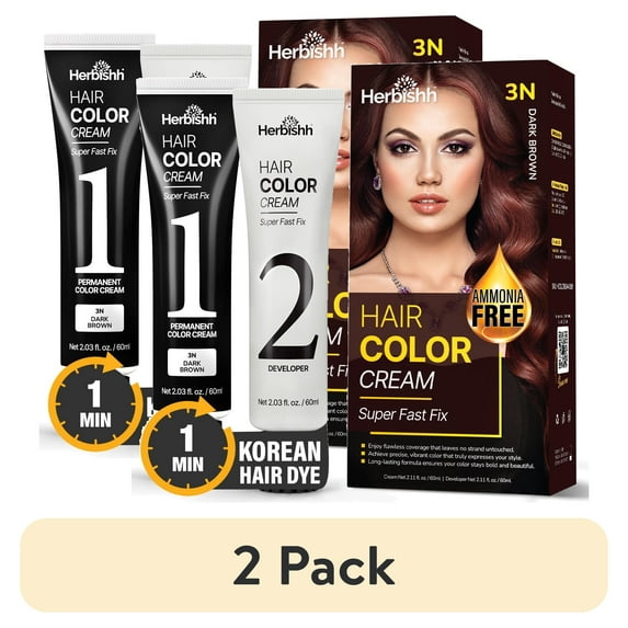 (2 pack) Herbishh Rapid Infusion Hair Color Cream – 3N Dark Brown Hair Dye Permanent One Minute with Comb Applicator, Hair Color for Gray Hair Coverage, Ammonia-Free, Patented Korean Technology, 2.03 fl. Oz