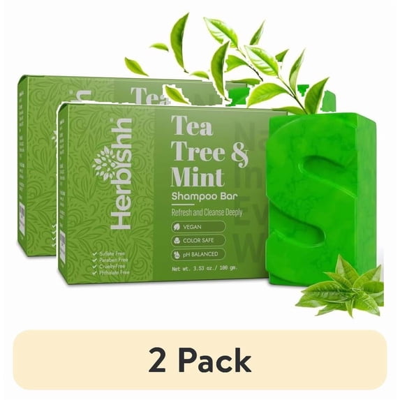 (2 pack) Herbishh Tea Tree & Mint Shampoo Bar – Tea Tree Oil Soap Bar for Oily Hair & Scalp Cleanse – Solid Travel Size Shampoo for Men & Women – Minty Deep Cleansing, 3.53 oz
