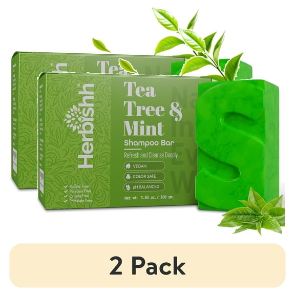 (2 pack) Herbishh Tea Tree & Mint Shampoo Bar – Tea Tree Oil Soap Bar for Oily Hair & Scalp Cleanse – Solid Travel Size Shampoo for Men & Women – Minty Deep Cleansing, 3.53 oz