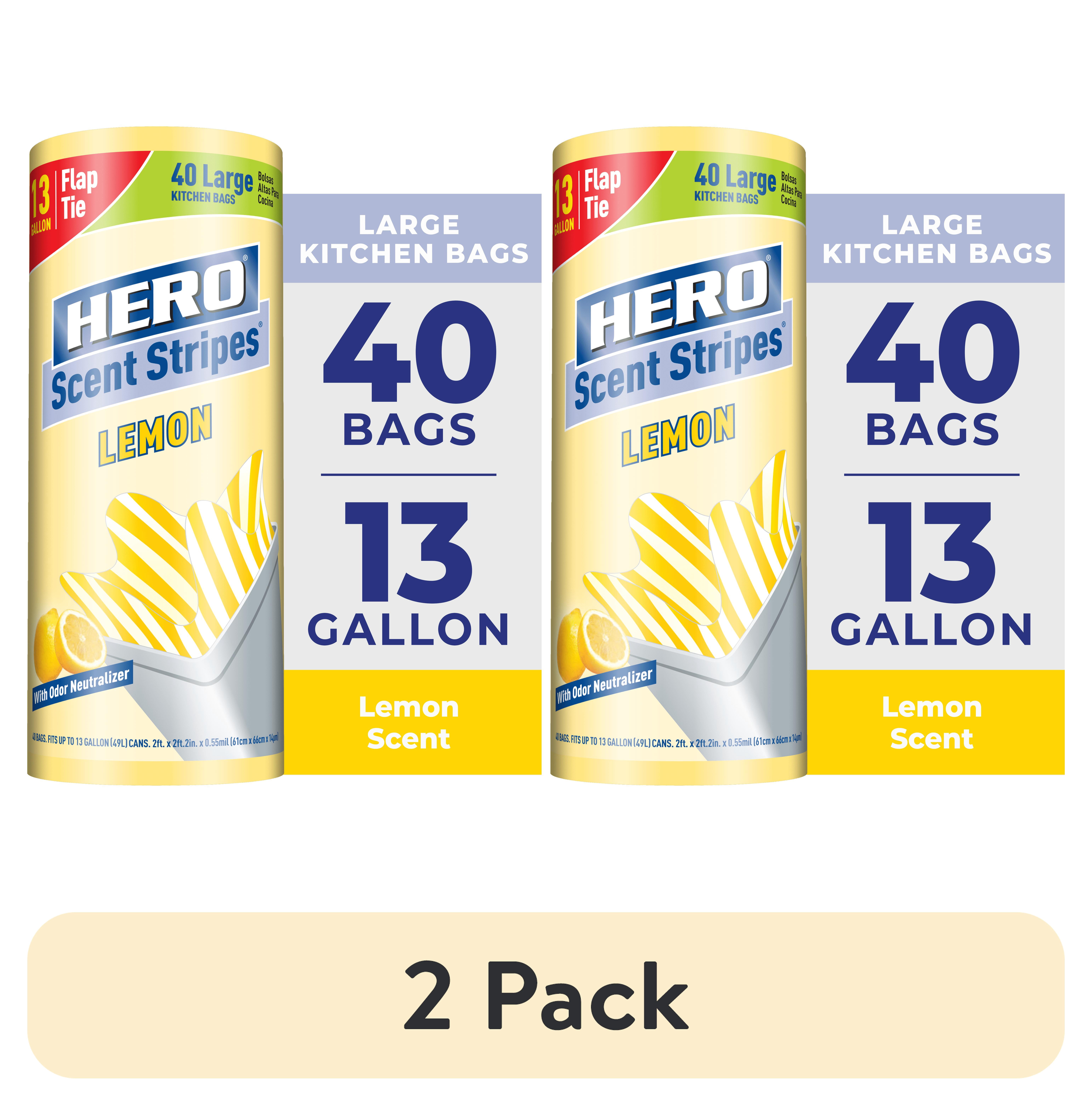 (2 pack) Hero Scent Stripes 13-Gallon Flap Tie Kitchen Trash Bags, Lemon Scent, 40 Count