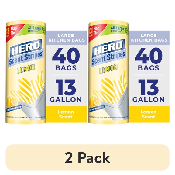 (2 pack) Hero Scent Stripes 13-Gallon Flap Tie Kitchen Trash Bags, Lemon Scent, 40 Count