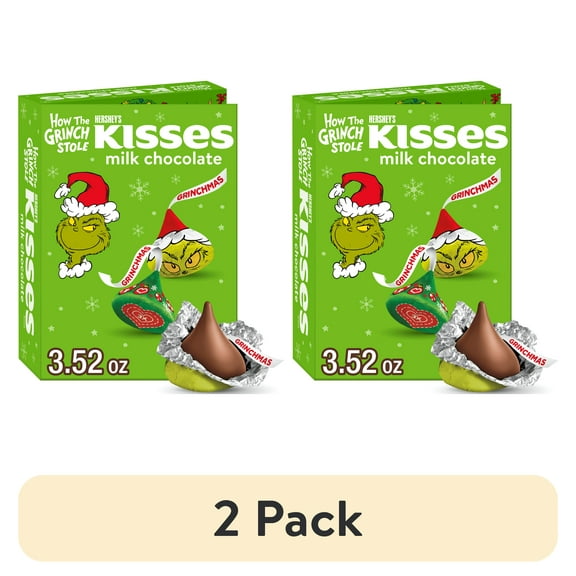 (2 pack) Hershey's Kisses Grinch Milk Chocolate Christmas Candy Stocking Stuffers, Gift Box 3.52 oz