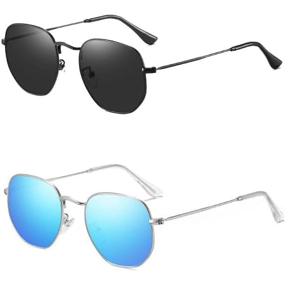 2 pack Hexagonal Polarized Sunglasses Men Women Vintage Metal Frame Retro Shade Glasses-USA