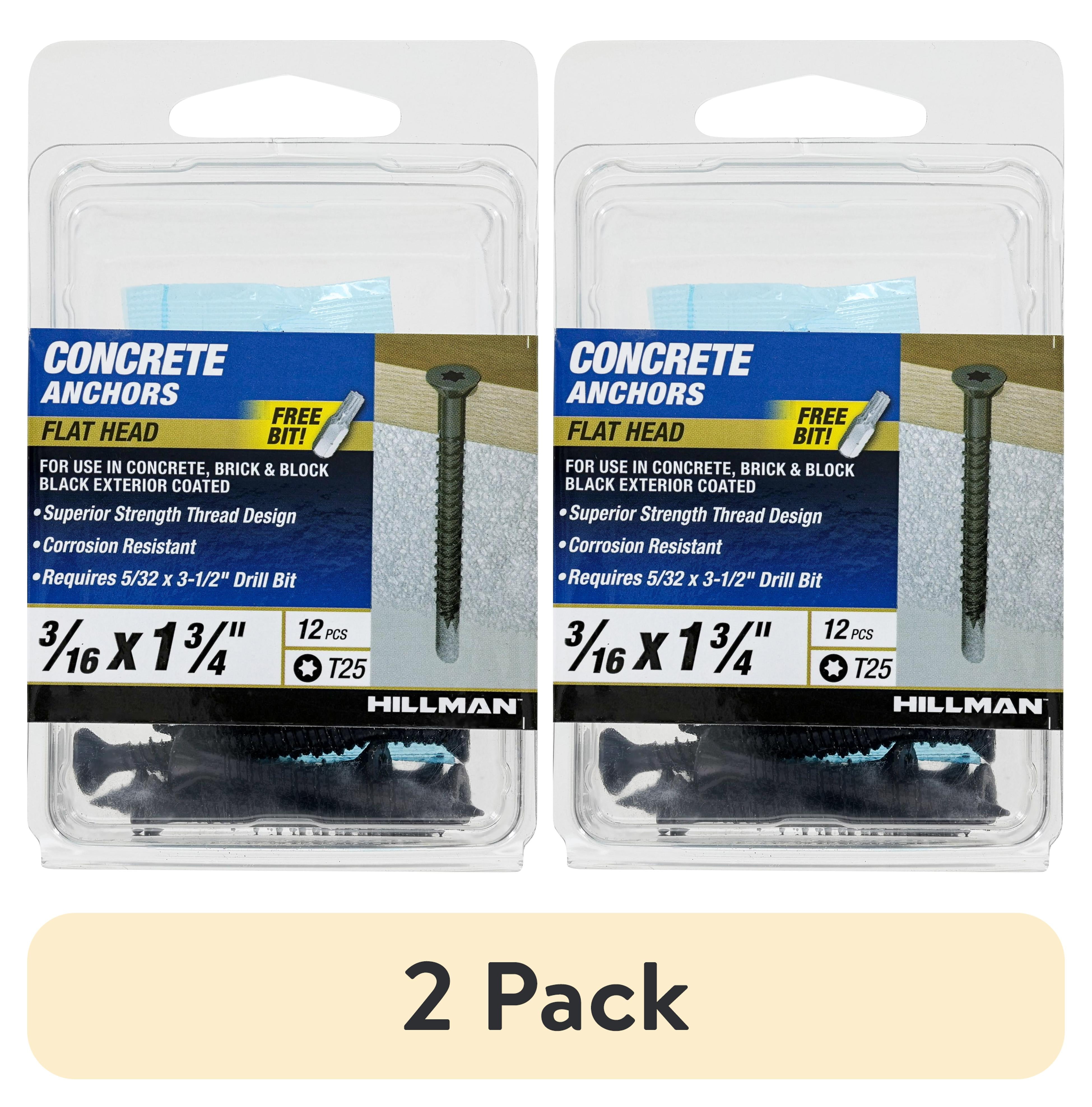 (2 pack) Hillman Concrete Screw Anchors, 3/16 x 1-3/4", Steel, Corrosion Resistant, Black, 12 sets