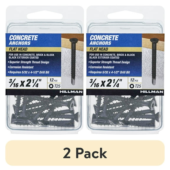 (2 pack) Hillman Concrete Screw Anchor Black, 3/16 x 2.25", Flat Head, Steel, New, 12 Pieces