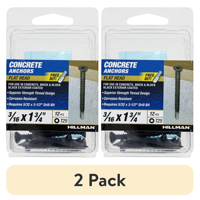 Registent (2 pack) Hillman Concrete Screw Anchors, 3/16 x 1-3/4