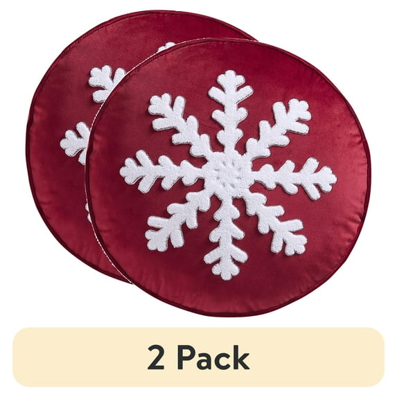 (2 pack) Holiday Time 16" x 16" Red Snowflake Round Velvet Decorative Pillow