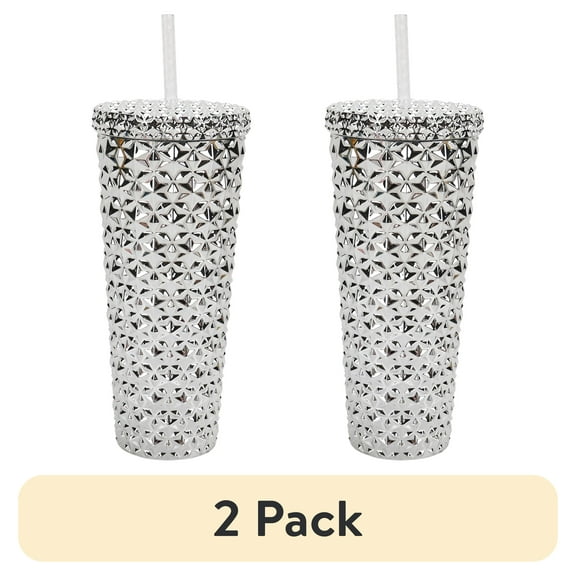 (2 pack) Holiday Time 26 oz Plastic Double Wall Insulated Textured Tumbler with Straw, Silver Metallic