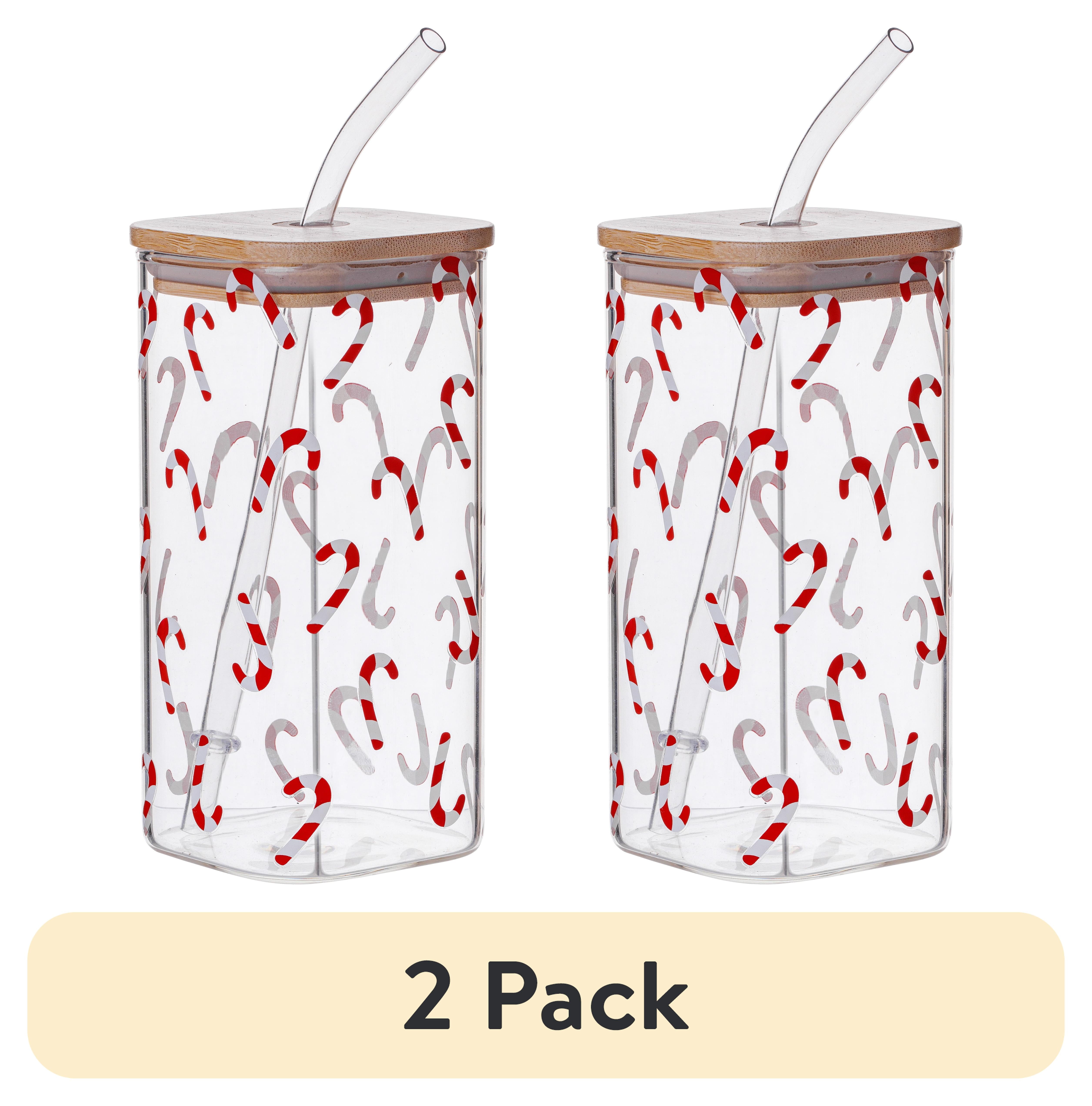 (2 pack) Holiday Time Candy Cane Clear Square Glass Sipper, 1pk