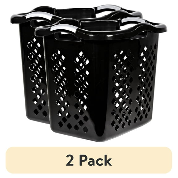 (2 pack) Home Logic 2 Bushel Lamper Plastic Laundry Basket with Silver Handles, Black, 2 Pack