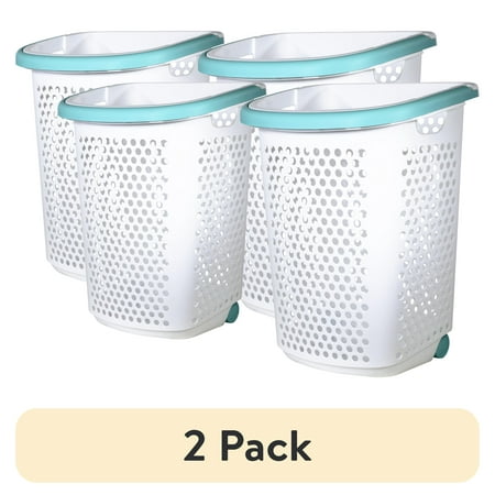 (2 pack) Home Logic 2 Bushel Rolling Plastic Laundry Hamper with Pop-up Handle, White, 2 Pack