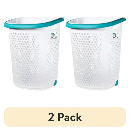 (2 pack) Home Logic 2 Bushel Rolling Plastic Laundry Hamper with Pop-up Handle, White, Adult