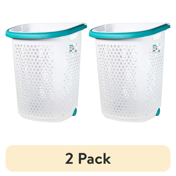 (2 pack) Home Logic 2 Bushel Rolling Plastic Laundry Hamper with Pop-up Handle, White, Adult / Tween