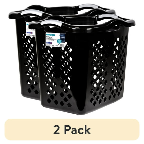 (2 pack) Home Logic 2 Bushel Lamper Plastic Laundry Basket with Silver Handles, Black