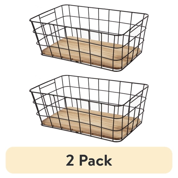 (2 pack) BHG Black Handcrafted Wire Basket with Wood Board Base