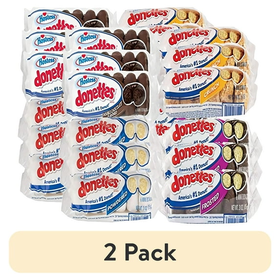 (2 pack) Hostess Donettes Variety | Powdered, Frosted, Double Chocolate, and Crunch | 12 Packs (72 Donettes)