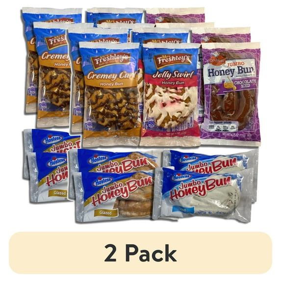 (2 pack) Five Flavor Honey Bun Variety Pack from Hostess, Cloverhill and Mrs. Freshley's | Iced, Glazed, Chocolate, Jelly, and Cremey Honey Buns