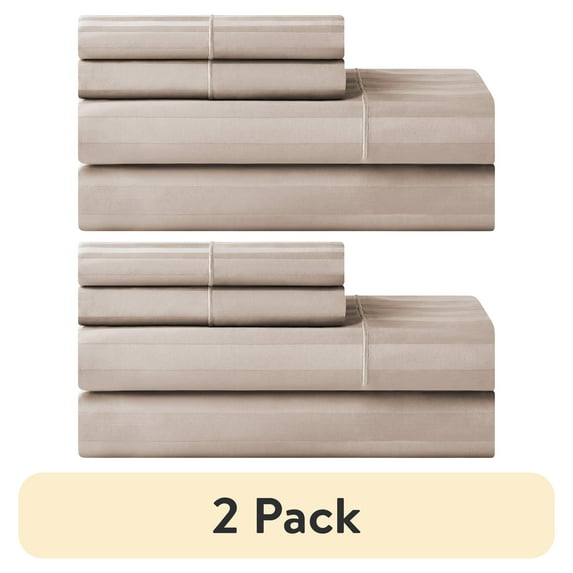 (2 pack) Hotel Style 4-Piece 600 Thread Count Taupe Stripe Egyptian Cotton Adult Bed Sheets, Queen-Deep Pocket