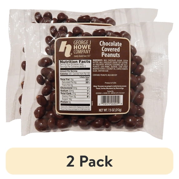 (2 pack) Howe Chocolate Covered Peanuts Chocolate Covered Nuts, 7.5 oz, Bag