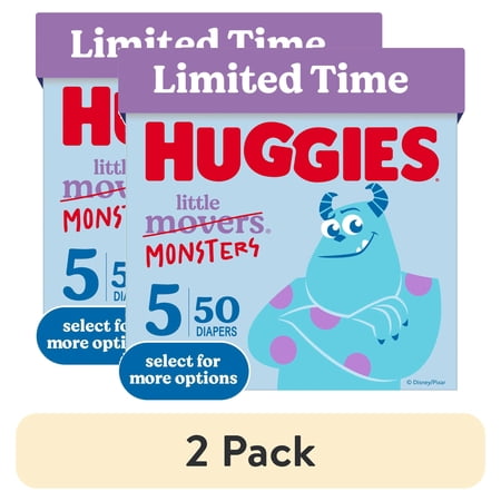 (2 pack) Huggies Little Movers, Little Monsters Edition Baby Diapers, Size 5, 50 Count