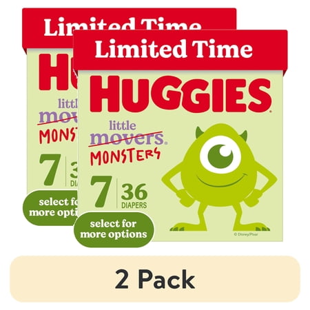 (2 pack) Huggies Little Movers, Little Monsters Edition Baby Diapers, Size 7, 36 Count