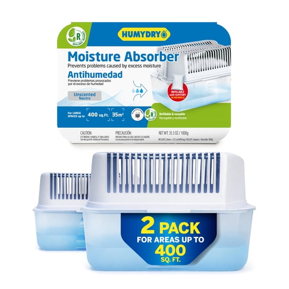 (2 pack) Humydry Moisture Absorber Dehumidifier Device, Pack of 2 Devices of 35.3 Oz With 2 Pre-Measured Refills, Fragrance Free Humidity Absorber For Basements Bedrooms And Large Enclosed Spaces
