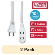 2 pack Hyper Tough White Extension Cord 10 feet with 3 Outlets, Braided Cord, 2 Prong, Indoor