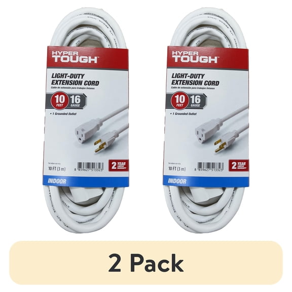 (2 pack) Hyper Tough 10FT 16AWG 3 Prong White Single Outlet Extension Cord, 13 Amps
