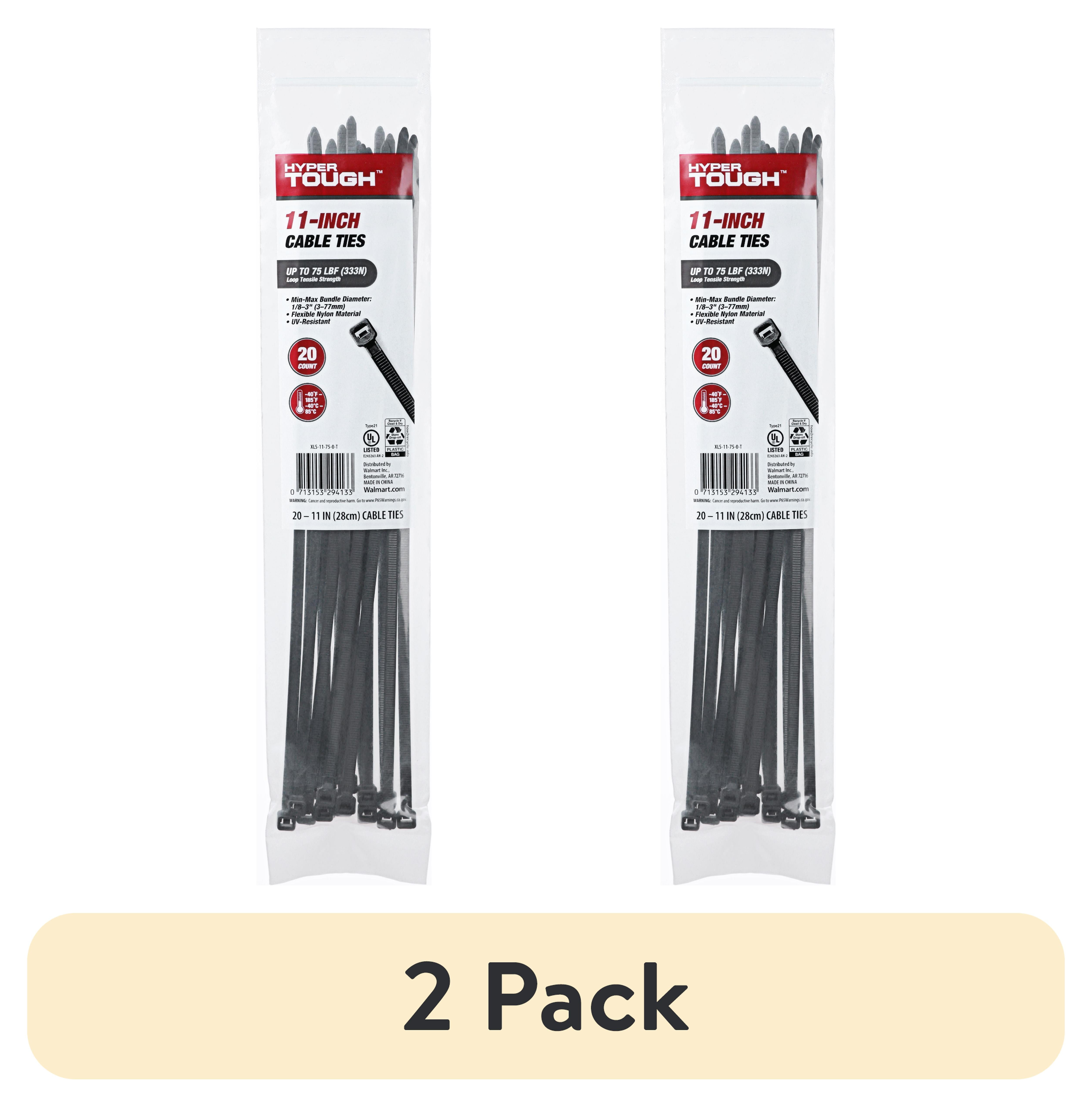 (2 pack) Hyper Tough Cable Ties, 11 in, UV-Resistant Black, 20 Count