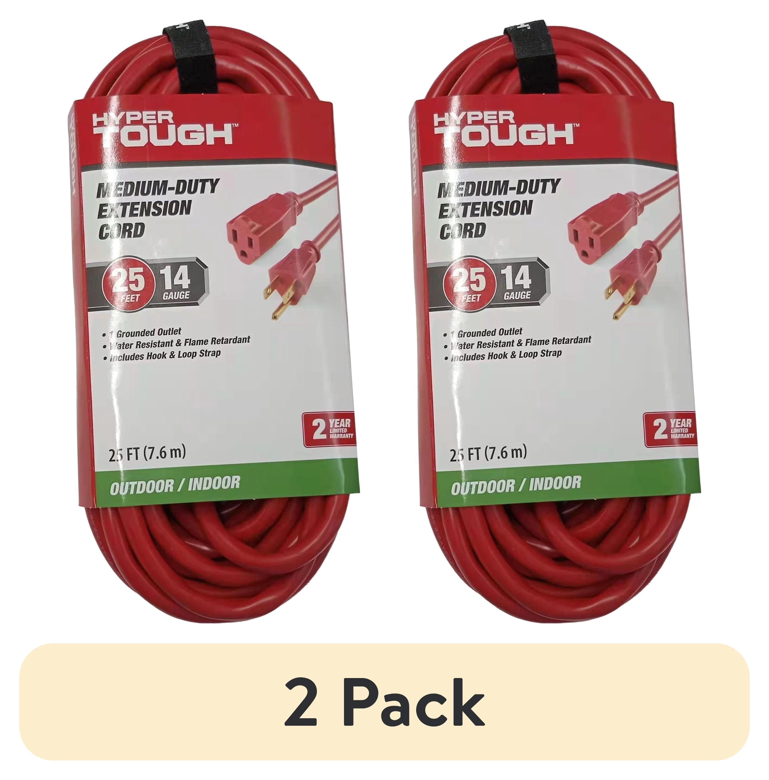 (2 pack) Hyper Tough Extension Cord, 25 ft, 14 AWG, 3-Prong, Red, Indoor/Outdoor Use, 15 Amps